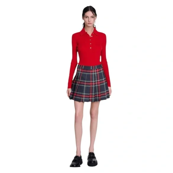 Maje Short Tartan Plaid A-Line Skirt in Red and Black - Picture 3 of 13